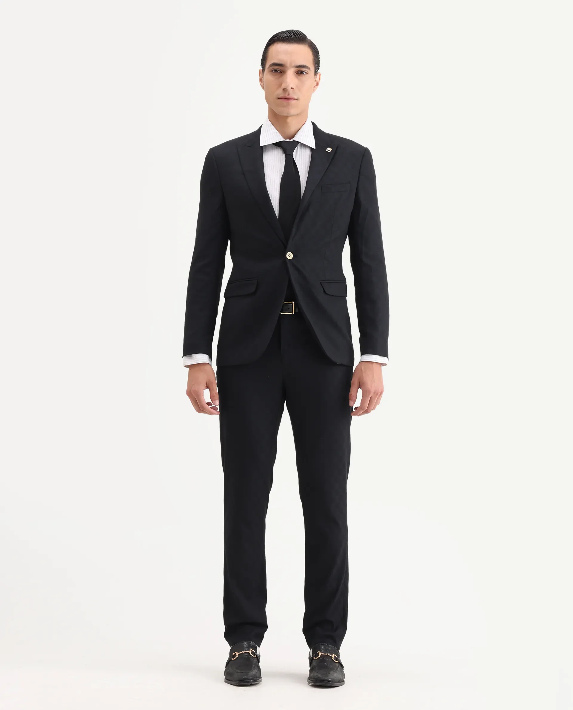 Rare Rabbit Men's Zeta Navy Viscose Jacquard Tailored Fit Full Sleeve Lapel Neck Suits