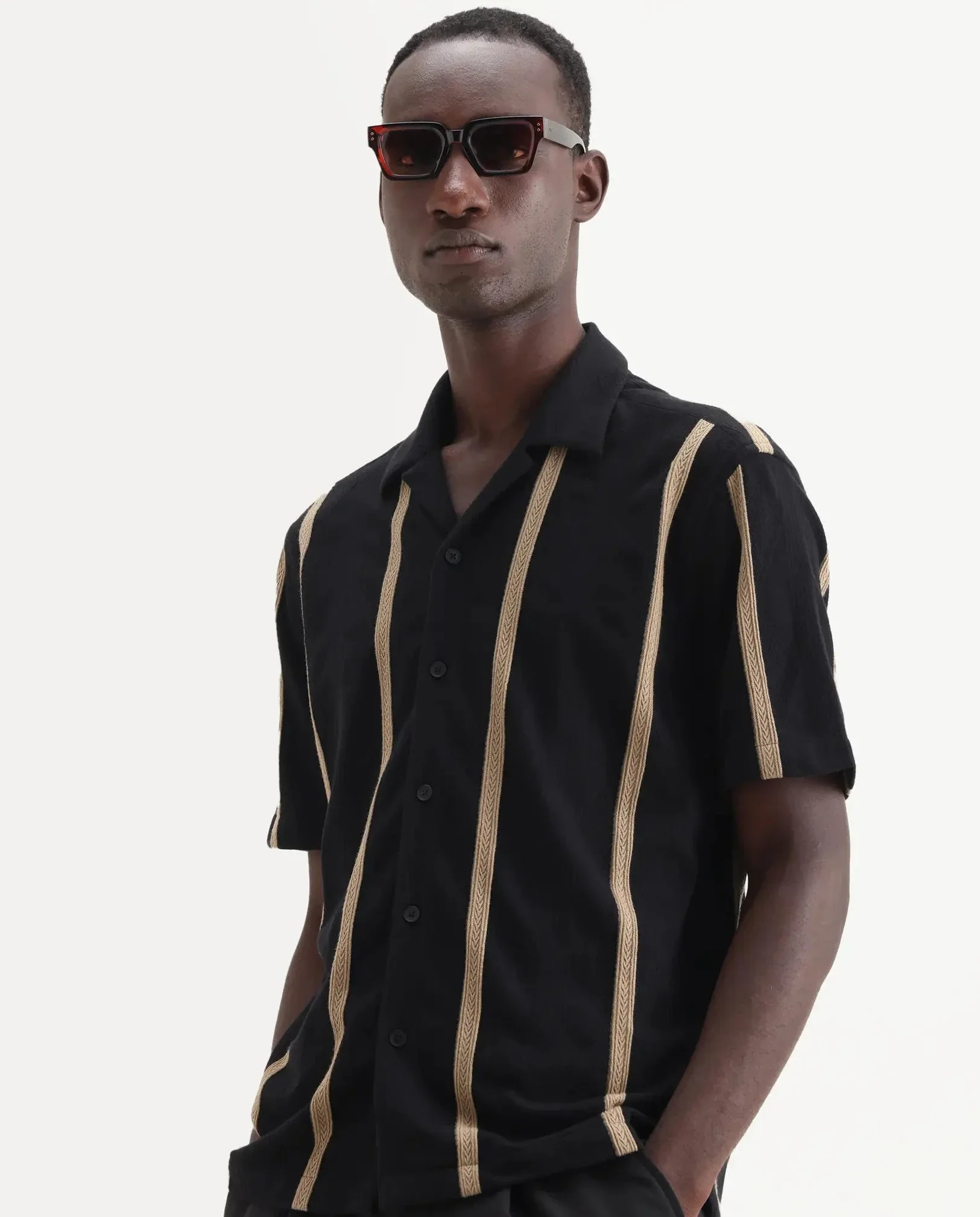 Rare Rabbit Men's Zeti Black Polyester Blend Fabric Half Sleeve Relaxed Fit Striped Shirt
