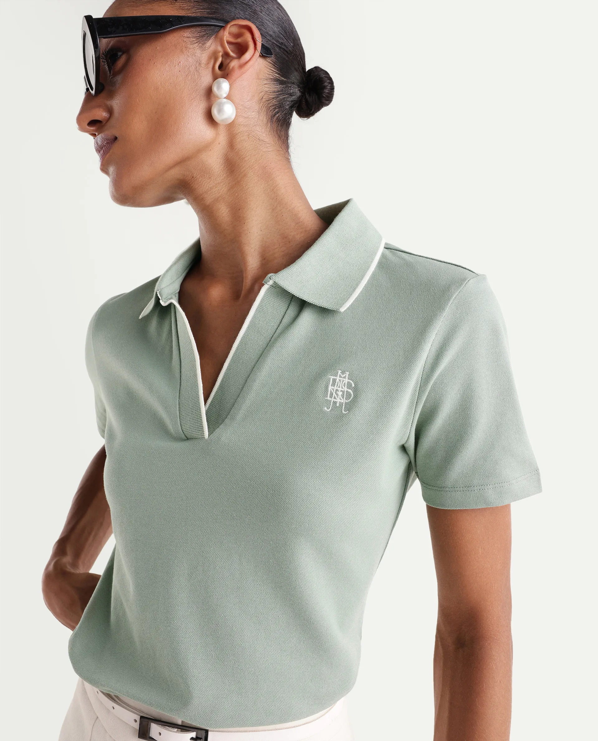 Rareism Women's Zeya Light Green Cotton Blend Half Sleeve Regular Fit Plain Polo