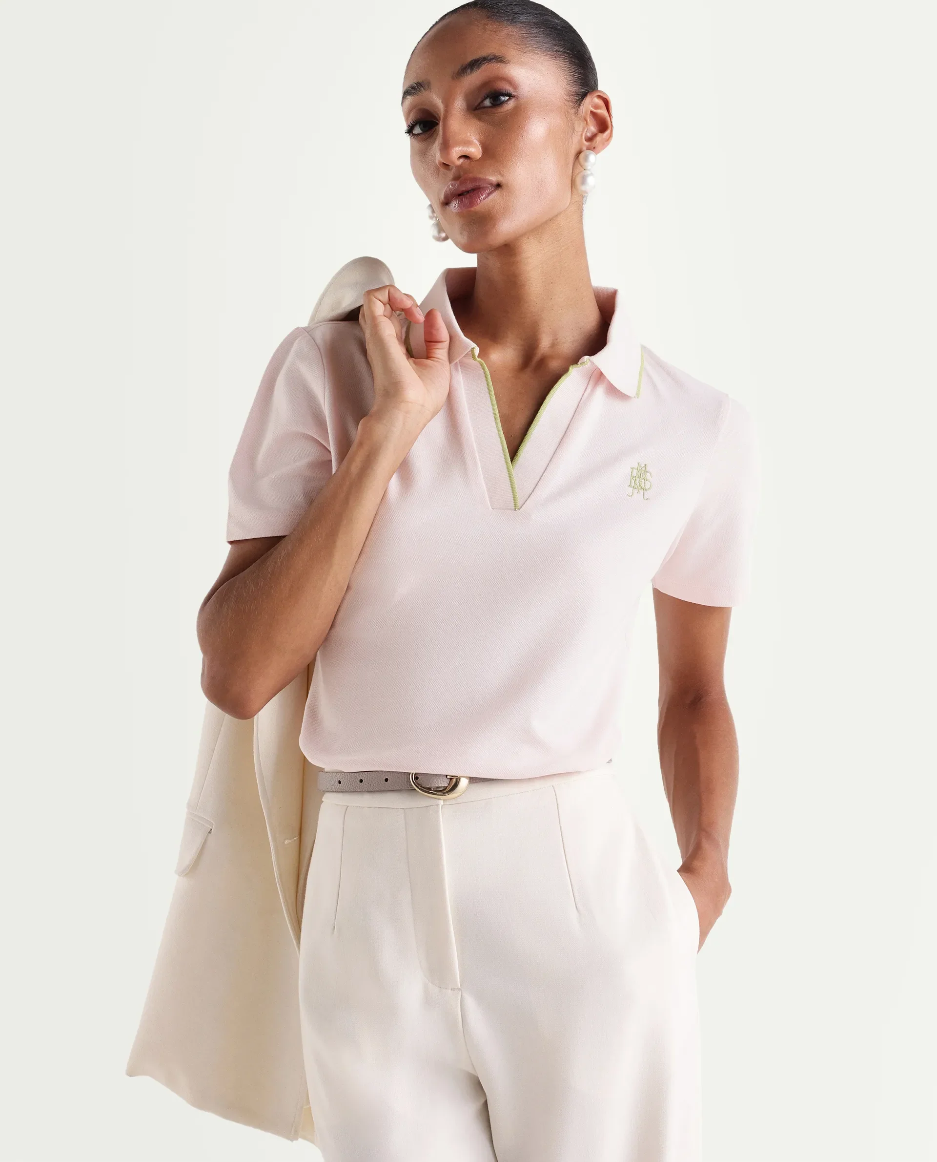 Rareism Women's Zeya Light Pink Cotton Blend Half Sleeve Regular Fit Plain Polo