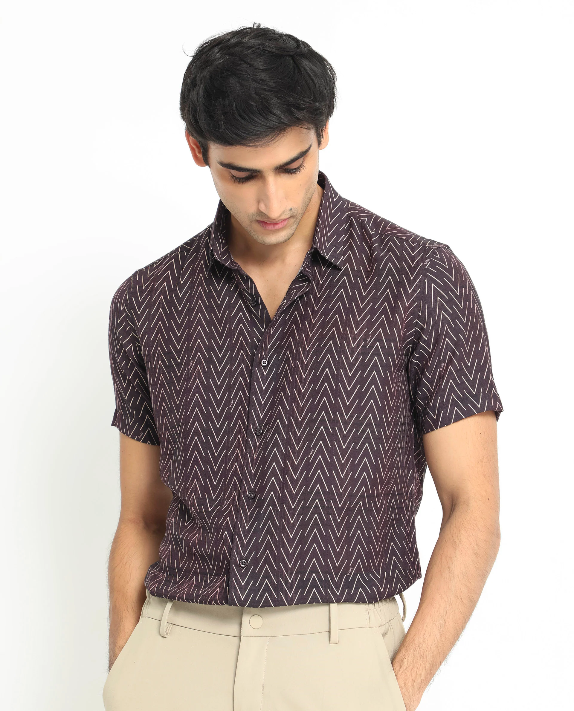 Rare Rabbit Men's Zig Zag Brown Viscose Geometric Print Regular Fit Half Sleeve Spread Collar Shirt