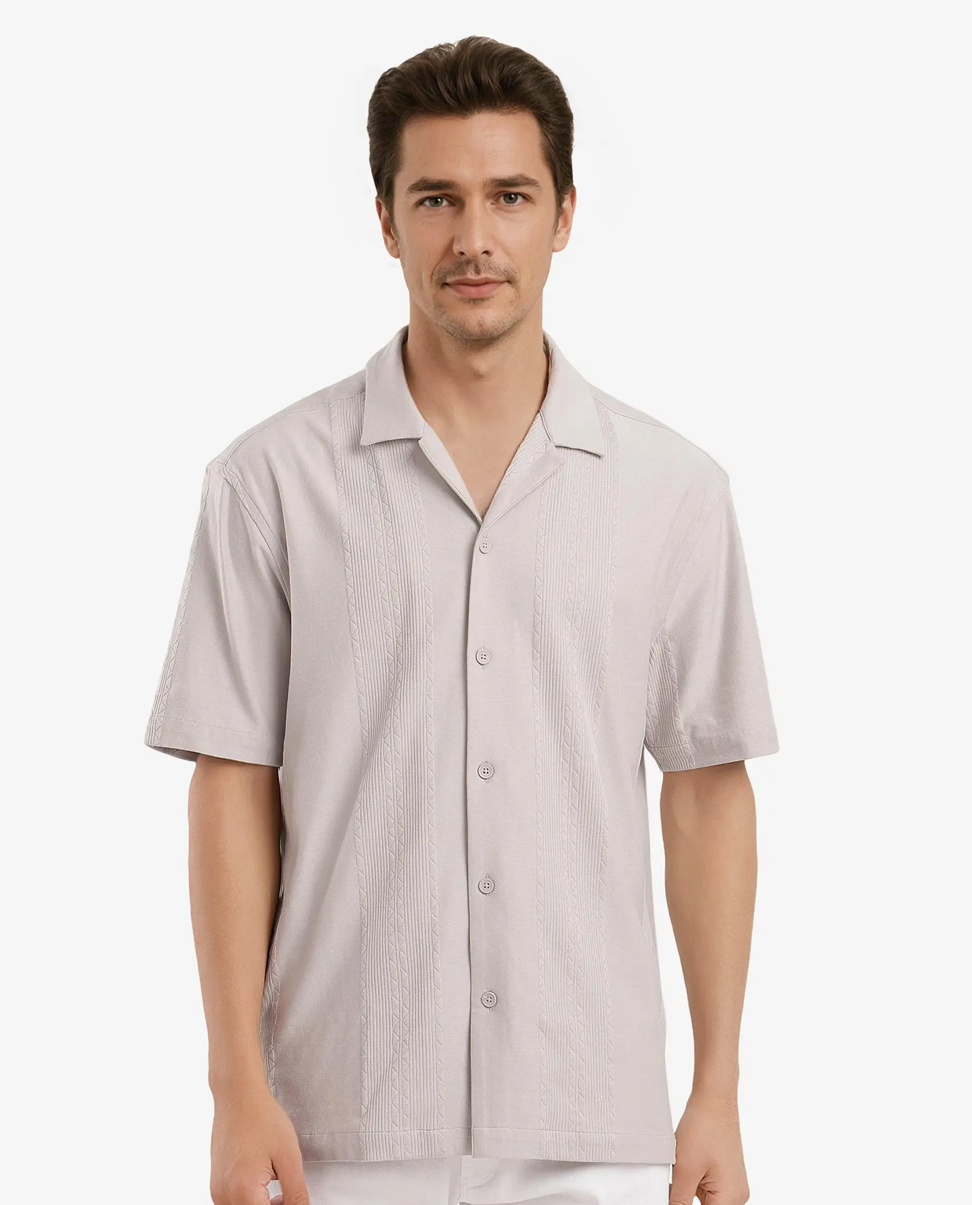 Rare Rabbit Men's Zino Light Beige Cotton Plain Boxy Fit Half Sleeve Cuban Collar Shirt