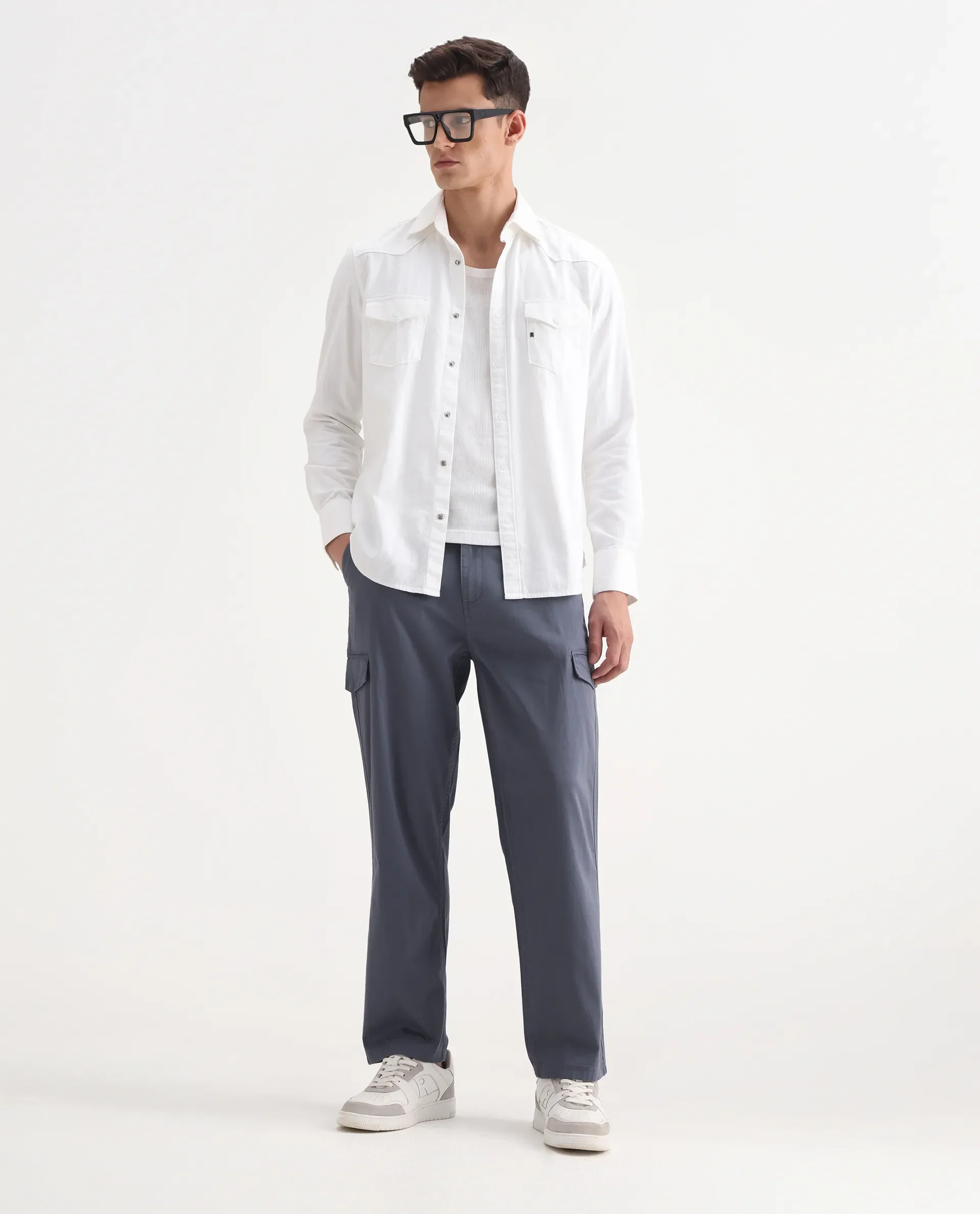 Rare Rabbit Men's Zipo Dusky Blue Cotton Plain Regular Fit Trouser