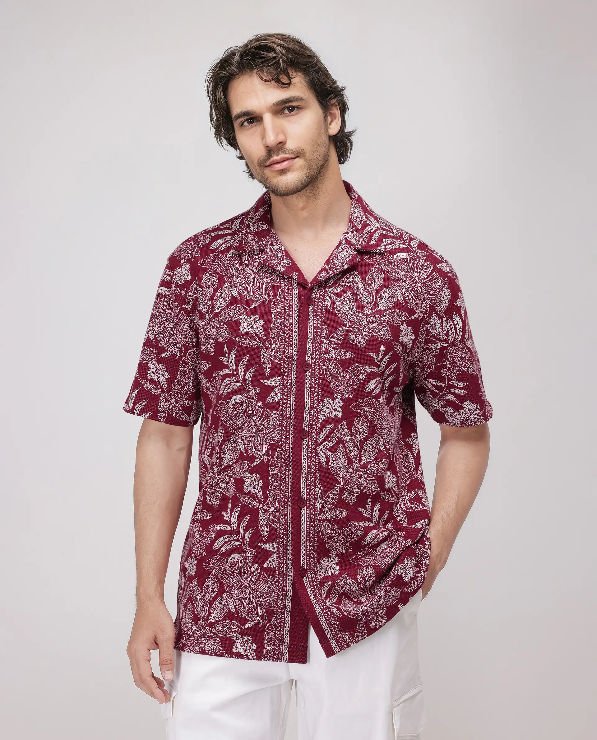 Rare Rabbit Men's Zira Maroon Cotton Floral Print Relaxed Fit Half Sleeve Cuban Collar Shirt