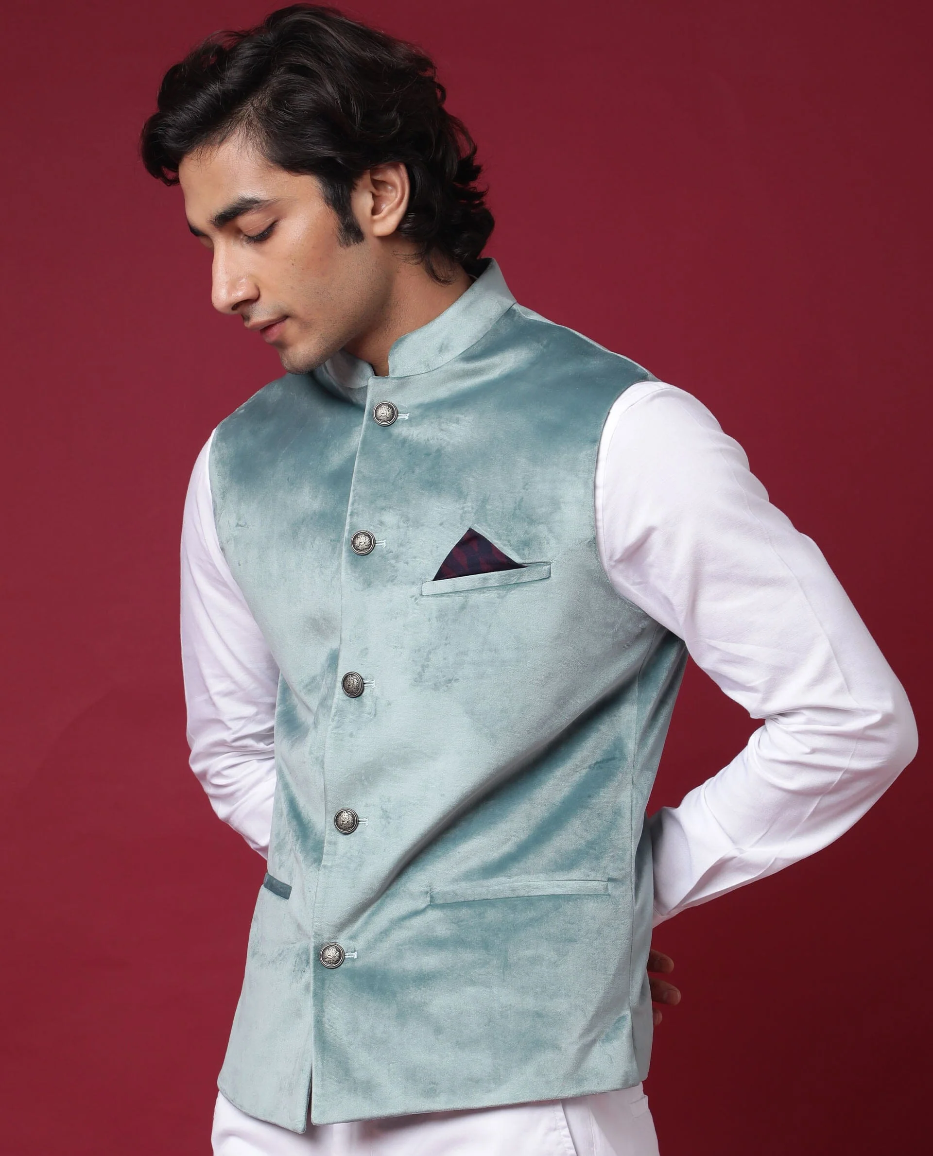Rare Rabbit Men's Ziva Green Velvet Plain Tailored Fit Sleeveless Mandarin Collar Bandhgala