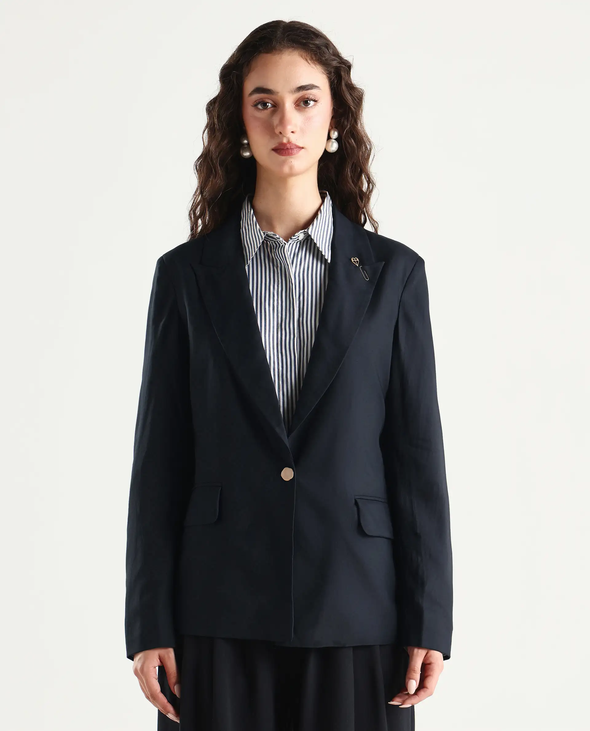 Rareism Women's Ziva Black Polyester Lapel Neck Plain Tailored Blazer