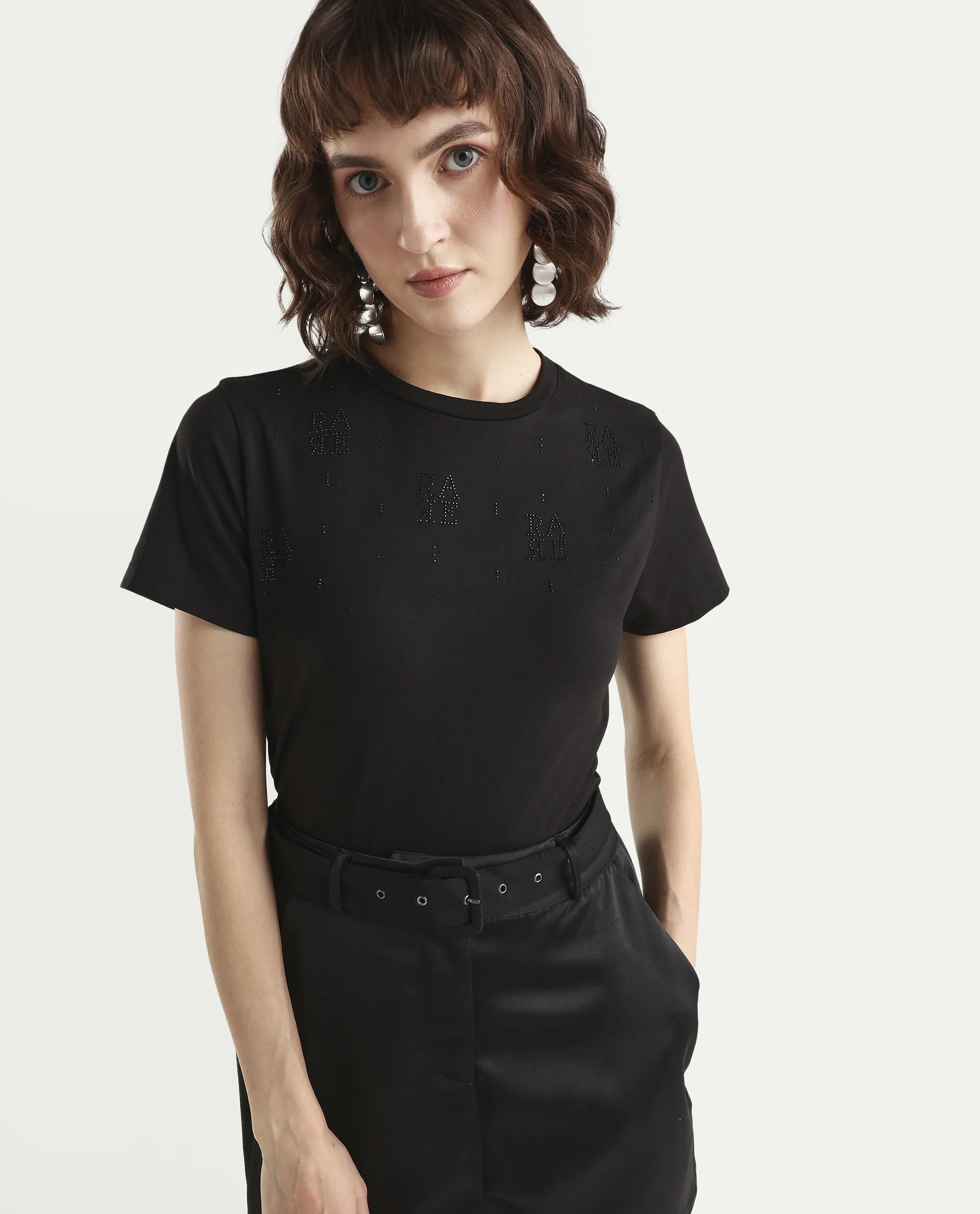 Rareism Women's Zoxi Black Cotton Blend Half Sleeve Regular Fit Typography Print T-Shirt
