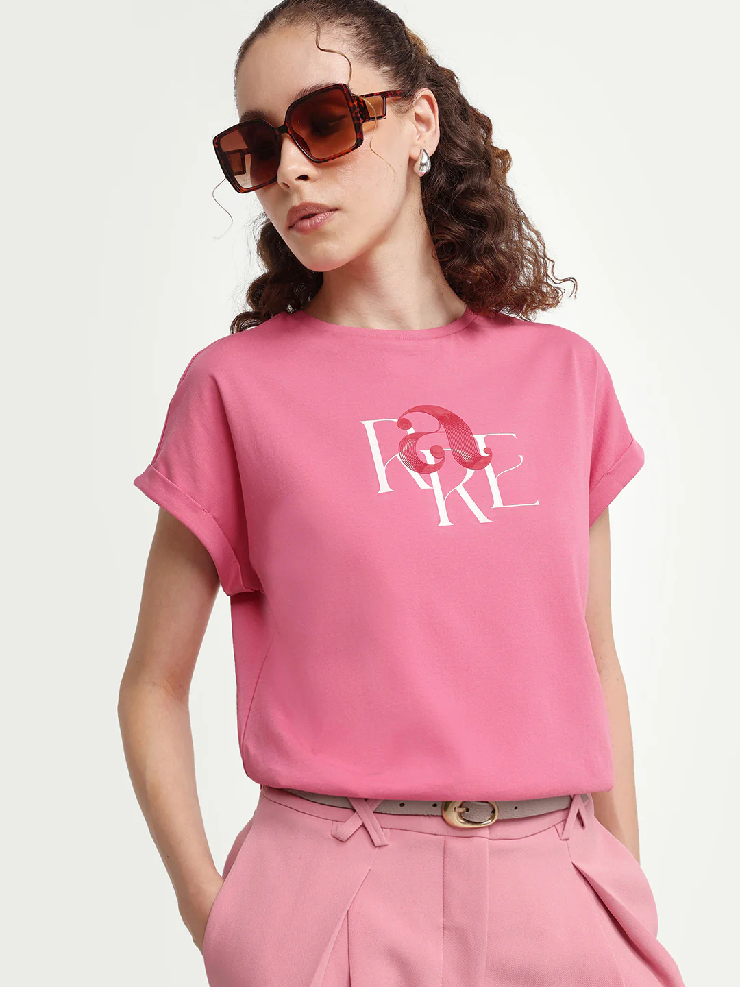 Rareism Women's Zue Pink Cotton Crew Neck Pull-On Relaxed Typography Print T-Shirt