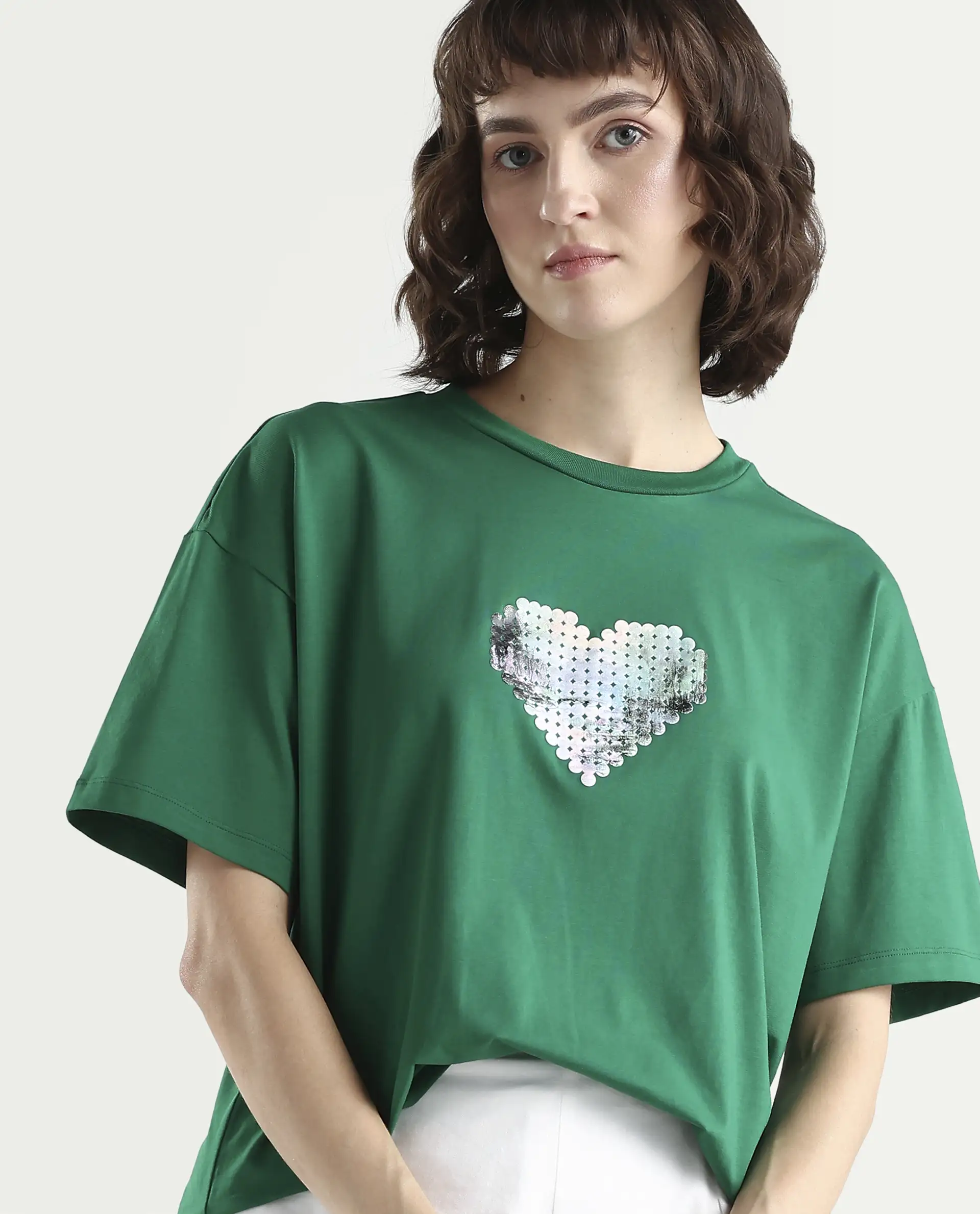 Rareism Women's Zule Dark Green Cotton Blend Half Sleeve Boxy Hd Print T-Shirt Oversize