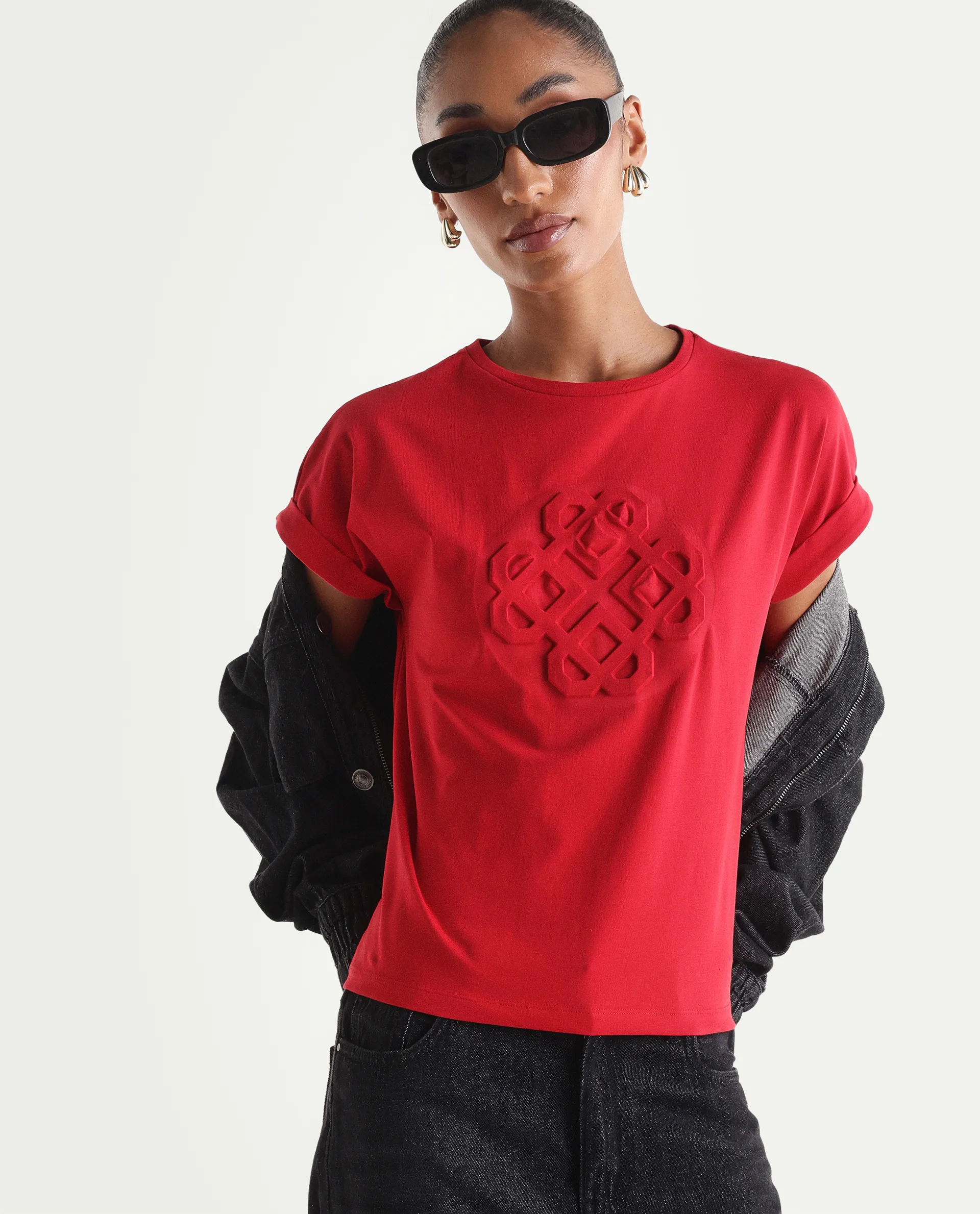 Rareism Women's Zurf Red Cotton Blend Half Sleeve Relaxed Fit Plain T-Shirt