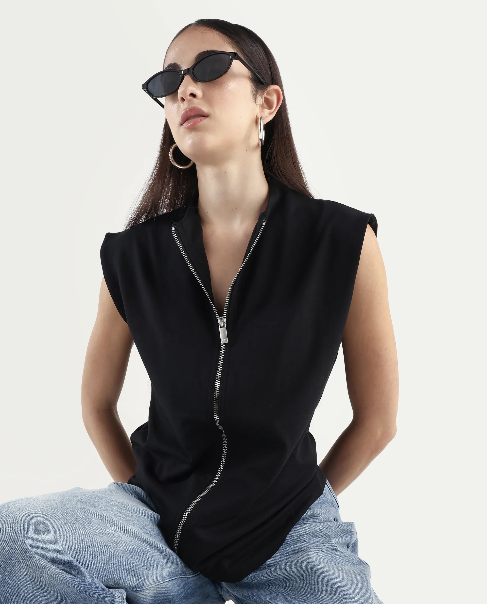 Rareism Women's Zuria Black Cotton Blend High Neck Dyed Extended Sleeves Relaxed Fit Sweatshirt