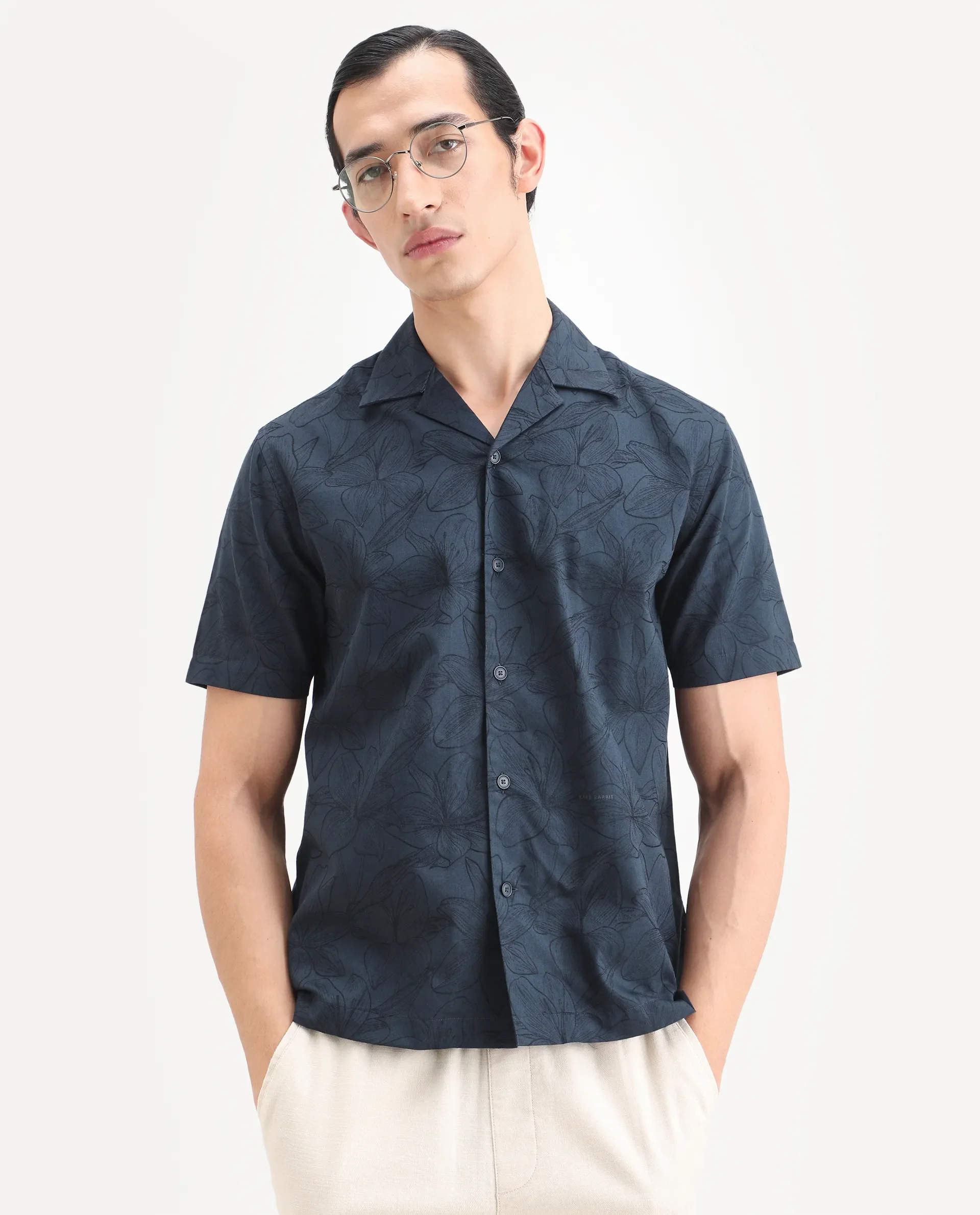 Rare Rabbit Men's Zyrn Navy Cotton Blend Half Sleeve Cuban Collar Regular Fit Jacquard Shirt