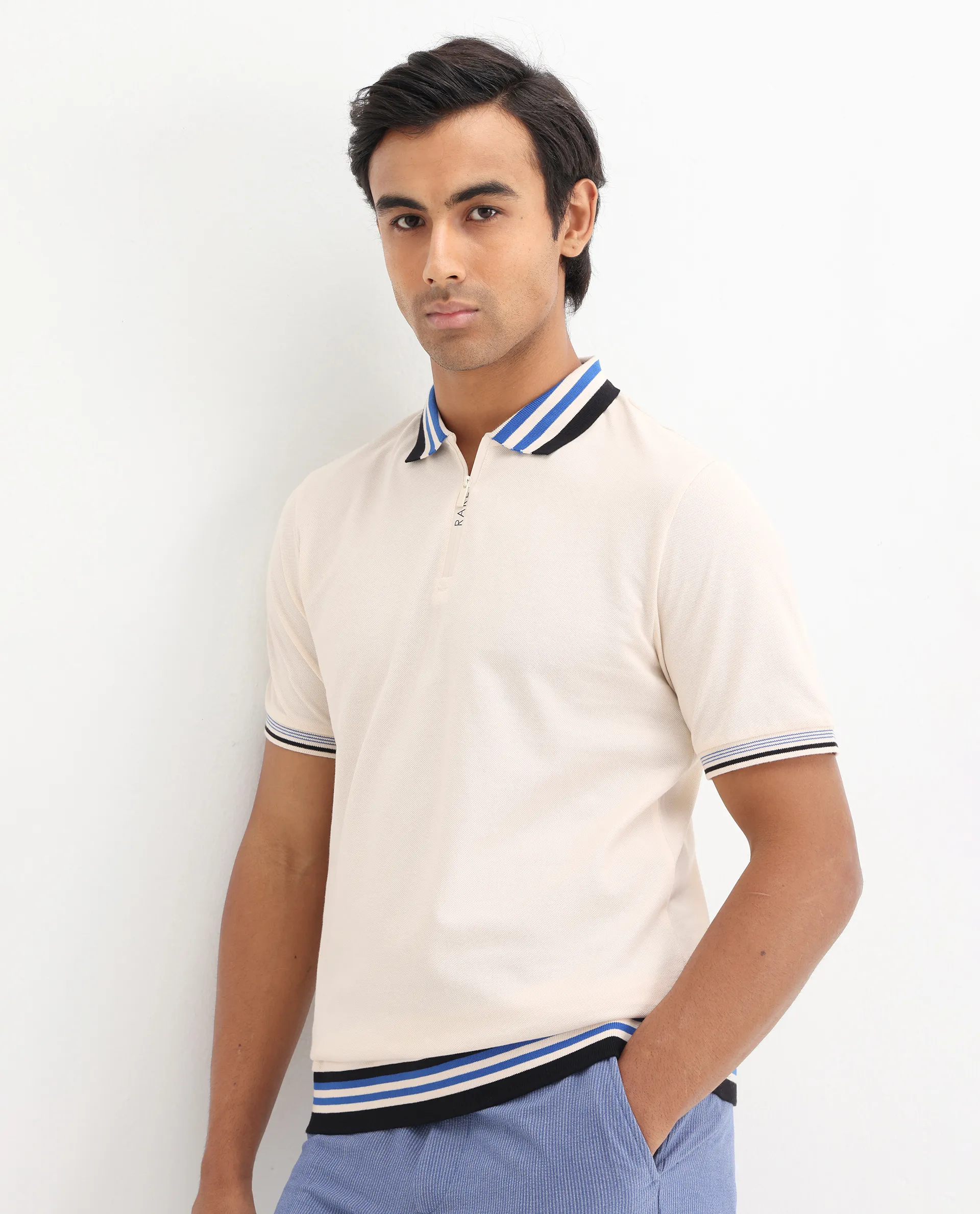 Rare Rabbit Men's Zyte Off White Cotton Plain Regular Fit Half Sleeve Polo